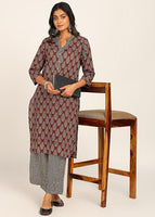 Women's Printed Straight Kurta Set | Hand-Stitched Neck Details with mandarin collar | Comfortable Pants with Pockets, Elastic Waist & Drawstring Fit (Maroon Paisley)
