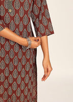 Women's Printed Straight Kurta Set | Hand-Stitched Neck Details with mandarin collar | Comfortable Pants with Pockets, Elastic Waist & Drawstring Fit (Maroon Paisley)