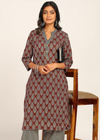 Women's Printed Straight Kurta Set | Hand-Stitched Neck Details with mandarin collar | Comfortable Pants with Pockets, Elastic Waist & Drawstring Fit (Maroon Paisley)