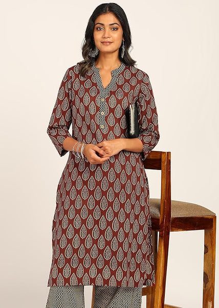 Women's Printed Straight Kurta Set | Hand-Stitched Neck Details with mandarin collar | Comfortable Pants with Pockets, Elastic Waist & Drawstring Fit (Maroon Paisley)