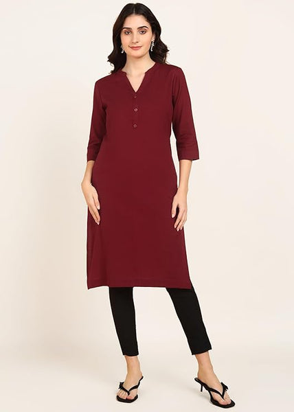 BLOCKS OF INDIA Cotton Hand Solid Long Kurti for Women Solid Maroon
