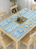 Hand Block Printed Cotton Table Runner, Mat and Napkin Set for Center/Dining Table (Blue Green)