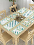 Hand Block Printed Cotton Table Runner, Mat and Napkin Set for Center/Dining Table (Green Blue Buti)