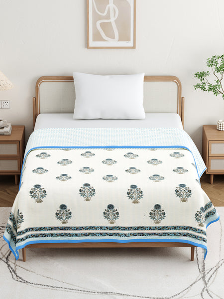 BLOCKS OF INDIA Hand Block Printed Cotton Summer Queen Size Reversible Printed Malmal Dohar Blue Buta