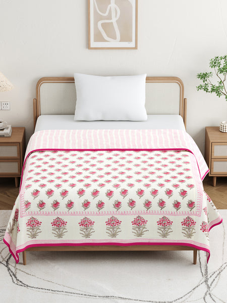 BLOCKS OF INDIA Hand Block Printed Cotton Summer Queen Size Reversible Printed Malmal Dohar Pink Rose