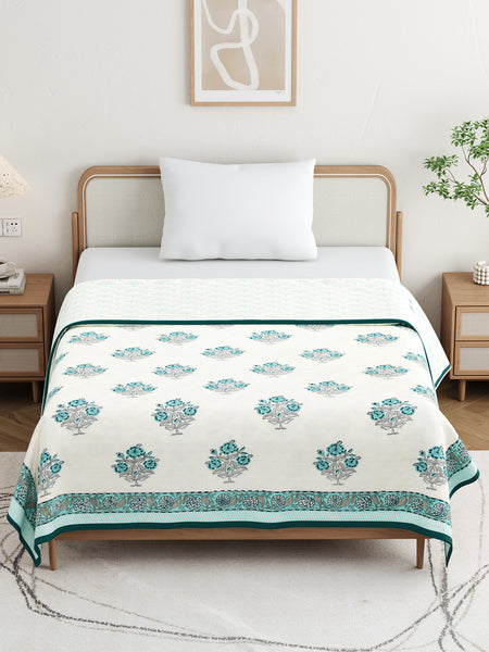 BLOCKS OF INDIA Hand Block Printed Cotton Summer Queen Size Reversible Printed Malmal Dohar Turq Buta
