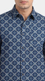 Cotton Hand Block Print Half Sleeves Summer Shirt for Men Blue Circle