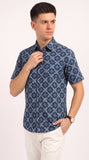 Cotton Hand Block Print Half Sleeves Summer Shirt for Men Blue Circle