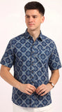 Cotton Hand Block Print Half Sleeves Summer Shirt for Men Blue Circle