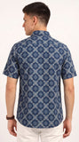 Cotton Hand Block Print Half Sleeves Summer Shirt for Men Blue Circle
