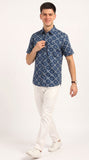 Cotton Hand Block Print Half Sleeves Summer Shirt for Men Blue Circle