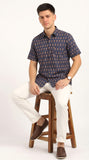Cotton Hand Block Print Half Sleeves Summer Shirt for Men Blue Cream Buti