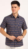 Cotton Hand Block Print Half Sleeves Summer Shirt for Men Blue Cream Buti