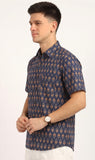 Cotton Hand Block Print Half Sleeves Summer Shirt for Men Blue Cream Buti