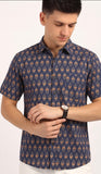 Cotton Hand Block Print Half Sleeves Summer Shirt for Men Blue Cream Buti