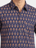 Cotton Hand Block Print Half Sleeves Summer Shirt for Men Blue Cream Buti