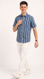 Cotton Hand Block Print Half Sleeves Summer Shirt for Men Blue Line