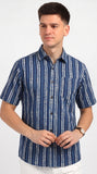 Cotton Hand Block Print Half Sleeves Summer Shirt for Men Blue Line