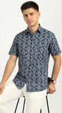 Cotton Hand Block Print Half Sleeves Summer Shirt for Men Diamond Ikat