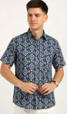 Cotton Hand Block Print Half Sleeves Summer Shirt for Men Diamond Ikat
