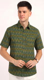 Cotton Hand Block Print Half Sleeves Summer Shirt for Men Green Blue Flr