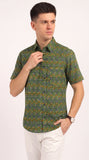 Cotton Hand Block Print Half Sleeves Summer Shirt for Men Green Blue Flr