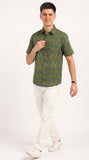 Cotton Hand Block Print Half Sleeves Summer Shirt for Men Green Blue Flr