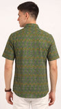 Cotton Hand Block Print Half Sleeves Summer Shirt for Men Green Blue Flr