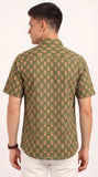 Cotton Hand Block Print Half Sleeves Summer Shirt for Men Green Peach Buti
