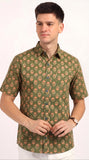 Cotton Hand Block Print Half Sleeves Summer Shirt for Men Green Peach Buti