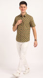 Cotton Hand Block Print Half Sleeves Summer Shirt for Men Green Peach Buti