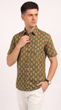 Cotton Hand Block Print Half Sleeves Summer Shirt for Men Green Peach Buti