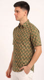 Cotton Hand Block Print Half Sleeves Summer Shirt for Men Green Peach Buti