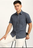 Cotton Hand Block Print Half Sleeves Summer Shirt for Men Grey Gad Buti