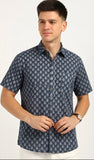 Cotton Hand Block Print Half Sleeves Summer Shirt for Men Grey Gad Buti