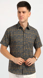 Cotton Hand Block Print Half Sleeves Summer Shirt for Men Grey Yellow Buti
