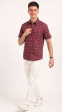 Cotton Hand Block Print Half Sleeves Summer Shirt for Men Maroon Peach Buti