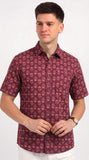 Cotton Hand Block Print Half Sleeves Summer Shirt for Men Maroon Peach Buti