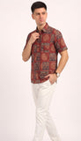 Cotton Hand Block Print Half Sleeves Summer Shirt for Men Red Patch Circle