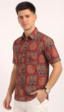 Cotton Hand Block Print Half Sleeves Summer Shirt for Men Red Patch Circle