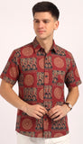 Cotton Hand Block Print Half Sleeves Summer Shirt for Men Red Patch Circle