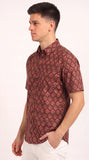 Cotton Hand Block Print Half Sleeves Summer Shirt for Men Red Peach Flr