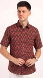 Cotton Hand Block Print Half Sleeves Summer Shirt for Men Red Peach Flr