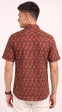 Cotton Hand Block Print Half Sleeves Summer Shirt for Men Red Peach Flr