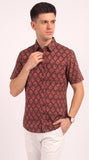 Cotton Hand Block Print Half Sleeves Summer Shirt for Men Red Peach Flr