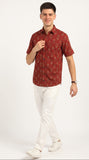 Cotton Hand Block Print Half Sleeves Summer Shirt for Men Red Yellow Flower
