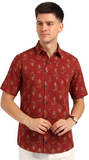 Cotton Hand Block Print Half Sleeves Summer Shirt for Men Red Yellow Flower
