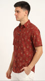Cotton Hand Block Print Half Sleeves Summer Shirt for Men Red Yellow Flower