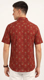 Cotton Hand Block Print Half Sleeves Summer Shirt for Men Red Yellow Flower