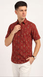 Cotton Hand Block Print Half Sleeves Summer Shirt for Men Red Yellow Flower